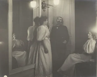 Porträt von Henry Lerolle mit zwei seiner Töchter, Yvonne und Christine, und einem Spiegel